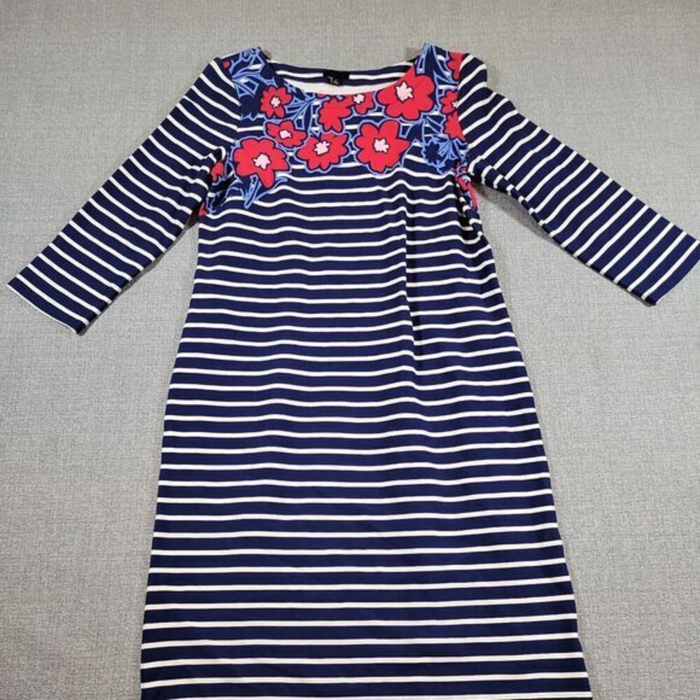 Talbots Dress Women Small Knit Flowers Striped White Blue 100% Cotton New